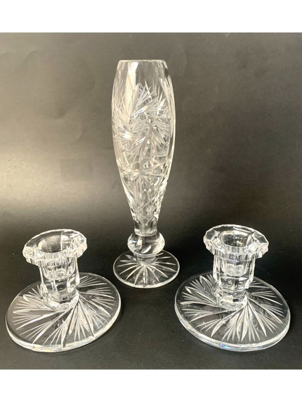 Pinwheel Crystal Bud Flower Vase & 2 Candle Holders Candleholder Vintage